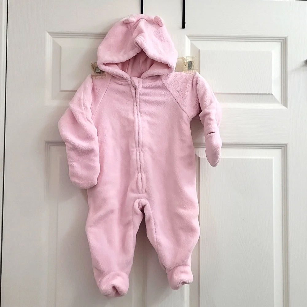 Small Wonders Hooded Fleece Pink One Piece Snowsuit‎ Teddy Bear Ears 6/9 Months